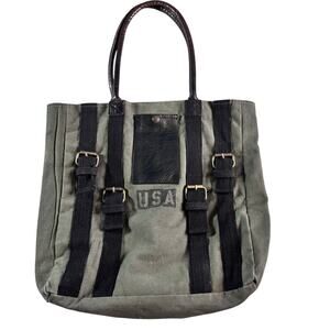 Mona B Upcycled Canvas Tote Bag USA Military Style Leather Strap Shoulder Bag